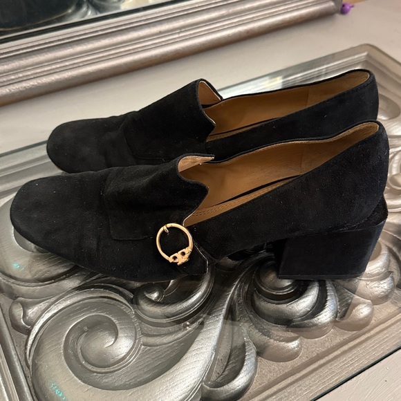 Tory Burch 10.5 Tess Suede Block Heel Black Leather Loafers Pumps - Picture 5 of 11